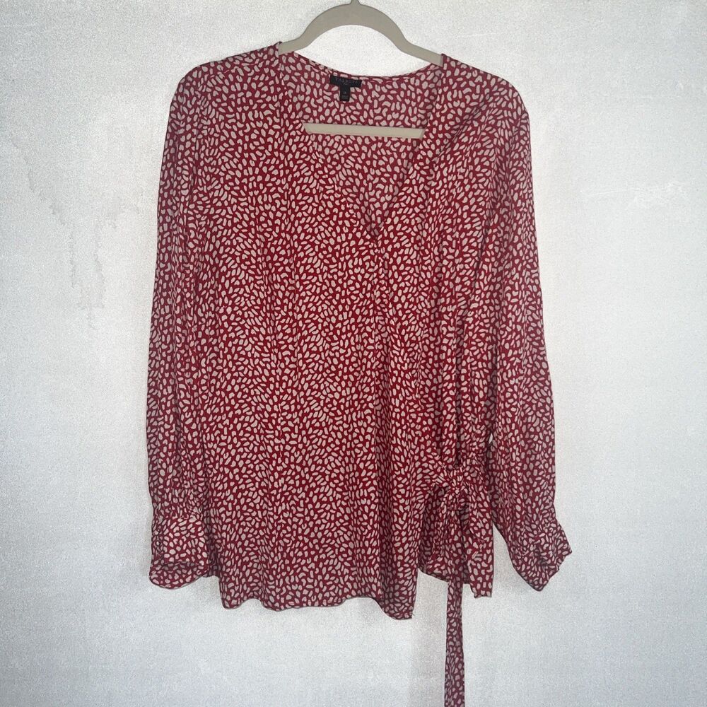 Talbots Faux Wrap Leopard Print Blouse Size 1X Red White Tie Waist Top
